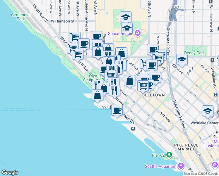 map of restaurants, bars, coffee shops, grocery stores, and more near 2801 Western Avenue in Seattle