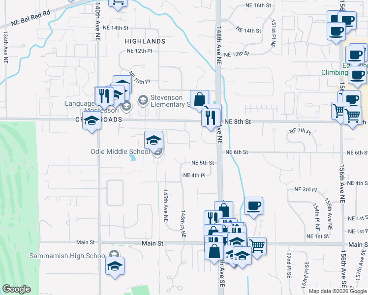 map of restaurants, bars, coffee shops, grocery stores, and more near 14521 Northeast 6th Place in Bellevue
