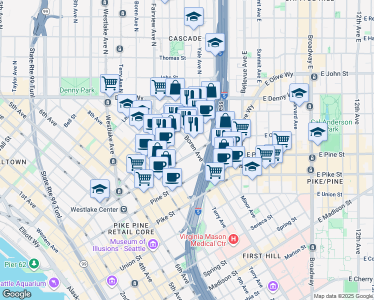 map of restaurants, bars, coffee shops, grocery stores, and more near 1812 Boren Avenue in Seattle