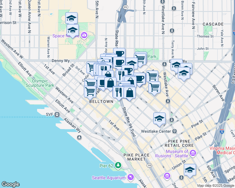 map of restaurants, bars, coffee shops, grocery stores, and more near 2315 4th Avenue in Seattle