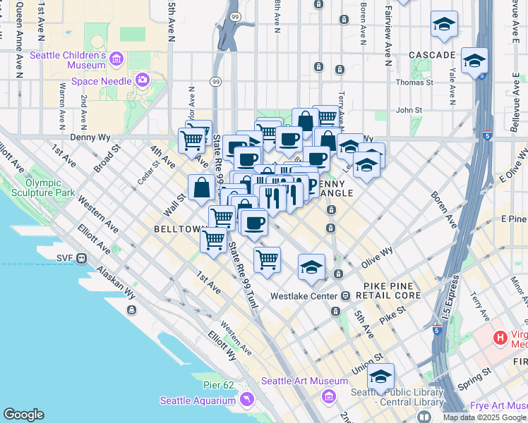 map of restaurants, bars, coffee shops, grocery stores, and more near 2200 5th Avenue in Seattle