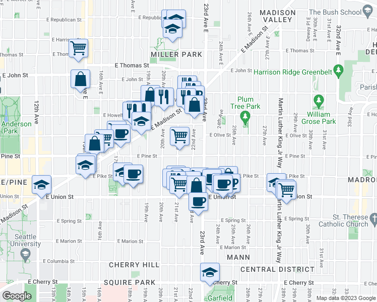 map of restaurants, bars, coffee shops, grocery stores, and more near 1623 22nd Avenue in Seattle