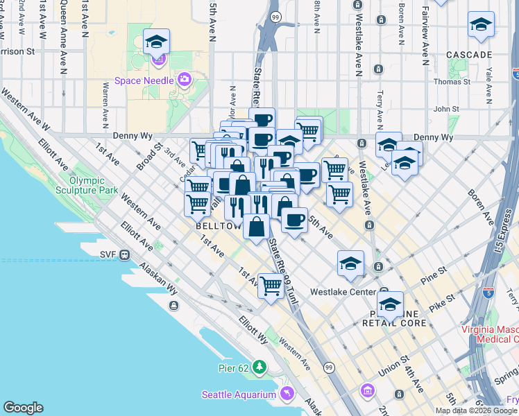 map of restaurants, bars, coffee shops, grocery stores, and more near 2315 4th Avenue in Seattle