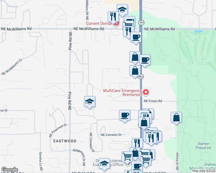 map of restaurants, bars, coffee shops, grocery stores, and more near 5993 Caymans Place Northeast in Bremerton