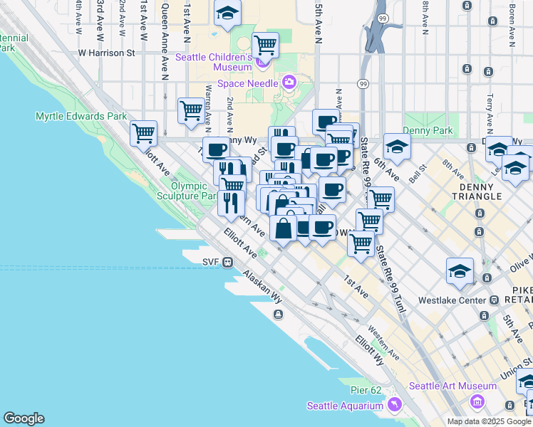 map of restaurants, bars, coffee shops, grocery stores, and more near in Seattle