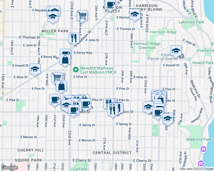 map of restaurants, bars, coffee shops, grocery stores, and more near in Seattle