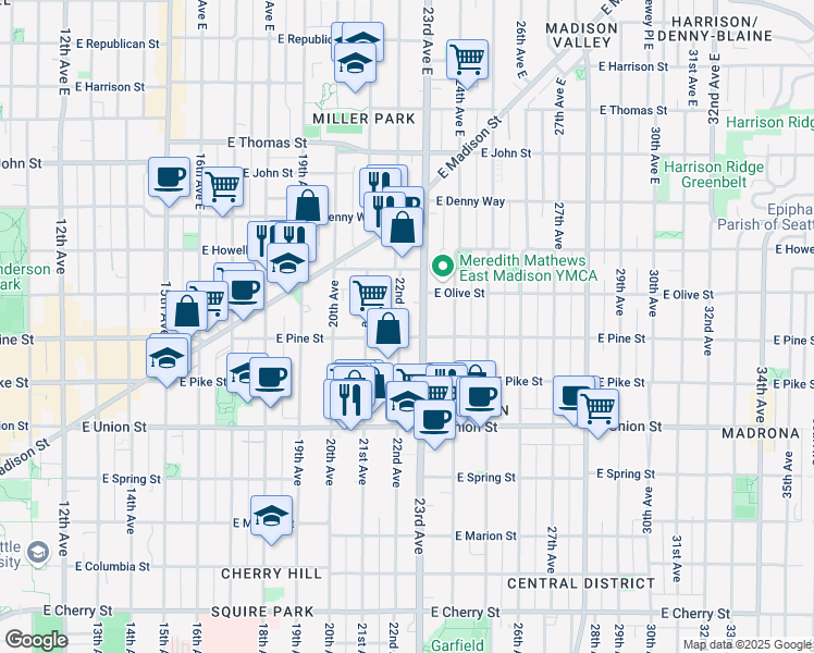 map of restaurants, bars, coffee shops, grocery stores, and more near 1623 22nd Avenue in Seattle