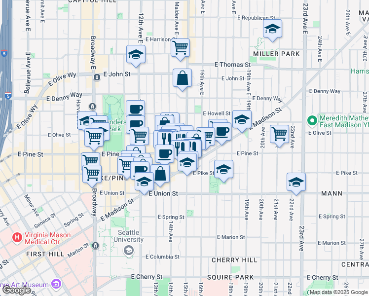 map of restaurants, bars, coffee shops, grocery stores, and more near in Seattle