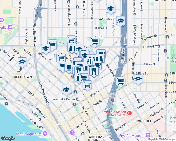 map of restaurants, bars, coffee shops, grocery stores, and more near 1961 9th Avenue in Seattle