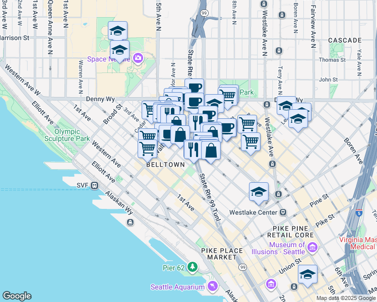 map of restaurants, bars, coffee shops, grocery stores, and more near in Seattle