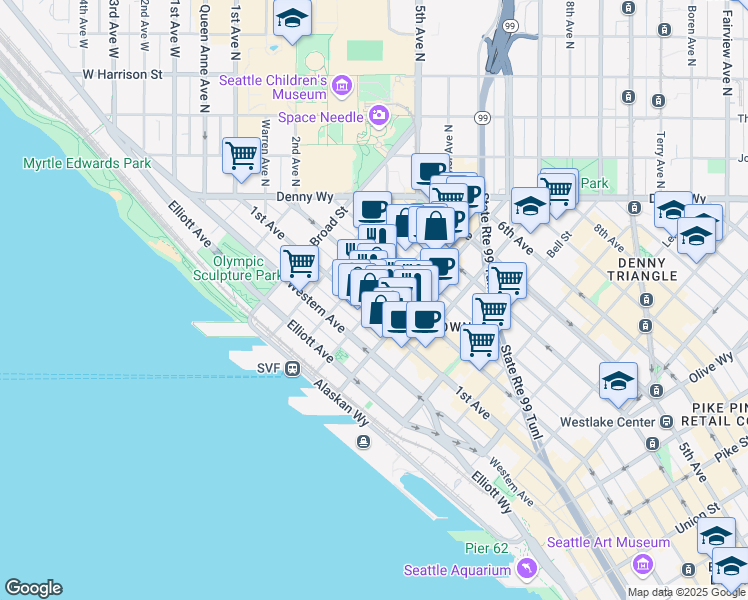 map of restaurants, bars, coffee shops, grocery stores, and more near 2601 2nd Avenue in Seattle