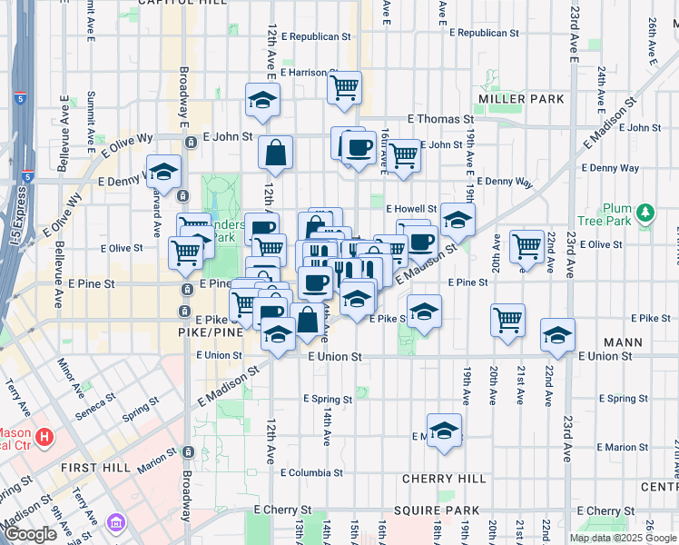 map of restaurants, bars, coffee shops, grocery stores, and more near 1410 East Pine Street in Seattle