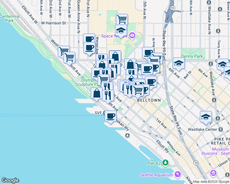 map of restaurants, bars, coffee shops, grocery stores, and more near 81 Clay Street in Seattle