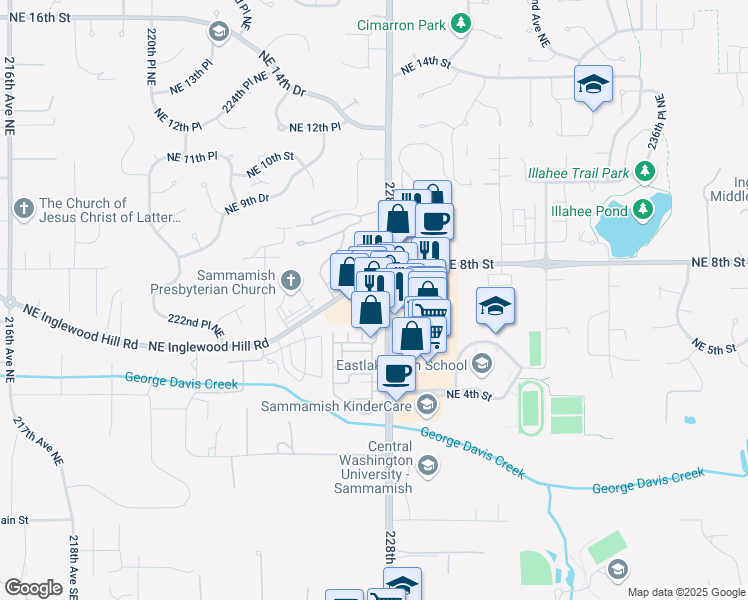 map of restaurants, bars, coffee shops, grocery stores, and more near 703 228th Avenue Northeast in Sammamish