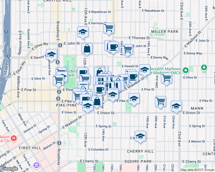 map of restaurants, bars, coffee shops, grocery stores, and more near 1420 East Pine Street in Seattle