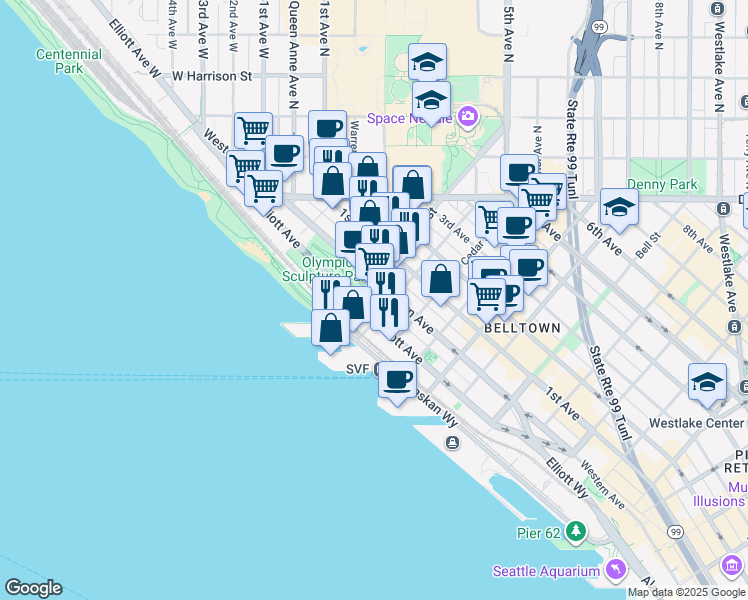 map of restaurants, bars, coffee shops, grocery stores, and more near 2801 Western Avenue in Seattle