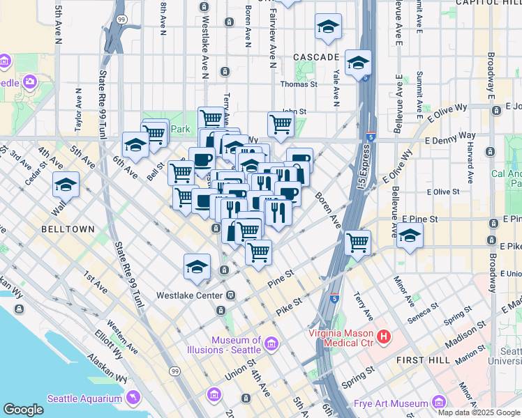 map of restaurants, bars, coffee shops, grocery stores, and more near 818 Stewart Street in Seattle