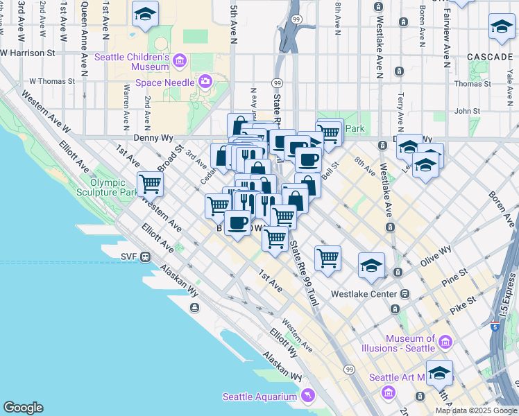 map of restaurants, bars, coffee shops, grocery stores, and more near Battery Street Tunnel in Seattle