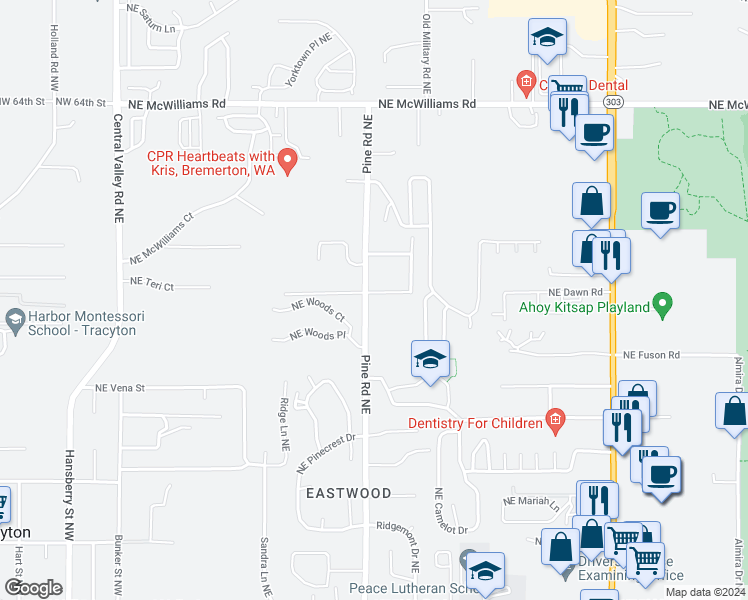 map of restaurants, bars, coffee shops, grocery stores, and more near 5786 Pine Road Northeast in Bremerton