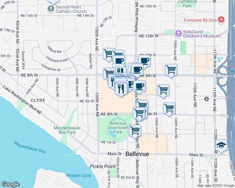 map of restaurants, bars, coffee shops, grocery stores, and more near 143 Bellevue Square in Bellevue