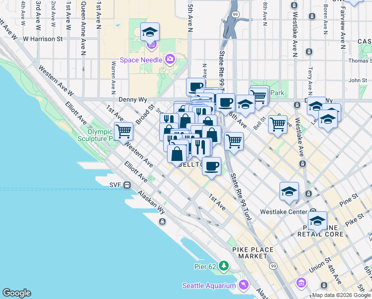 map of restaurants, bars, coffee shops, grocery stores, and more near in Seattle