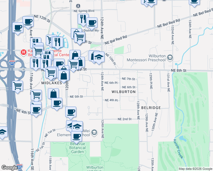 map of restaurants, bars, coffee shops, grocery stores, and more near 615 124th Avenue Northeast in Bellevue