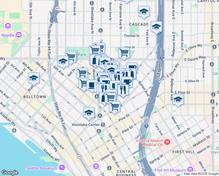 map of restaurants, bars, coffee shops, grocery stores, and more near 1918 8th Avenue in Seattle
