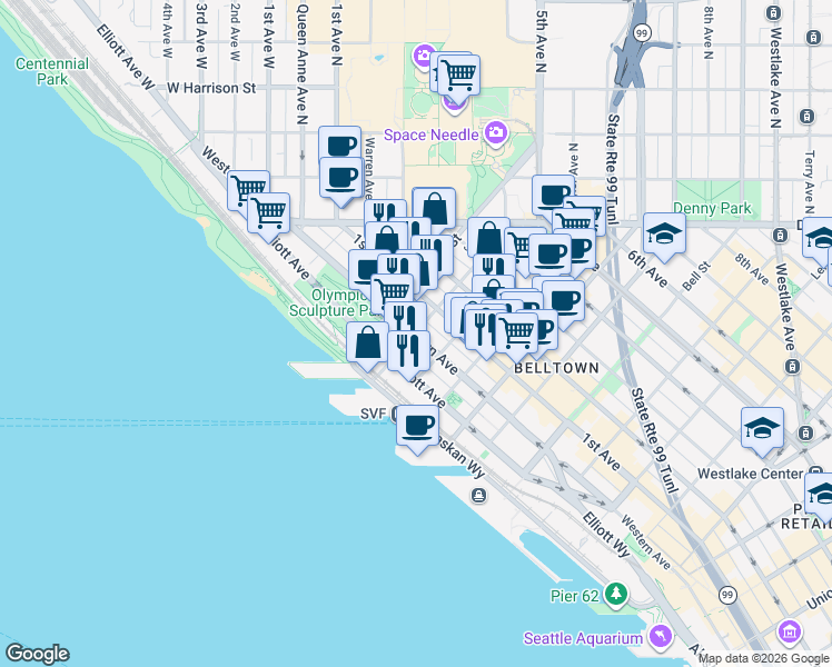 map of restaurants, bars, coffee shops, grocery stores, and more near Western Avenue & Clay Street in Seattle