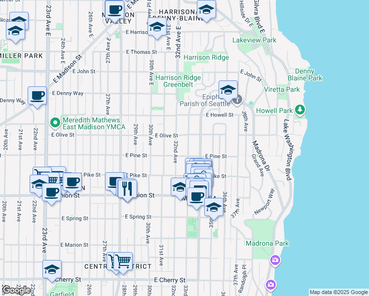 map of restaurants, bars, coffee shops, grocery stores, and more near 1621 33rd Avenue in Seattle