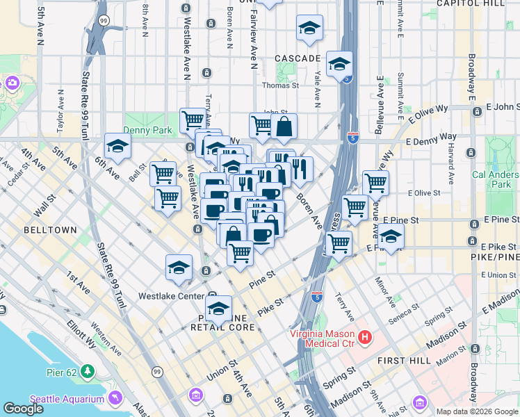 map of restaurants, bars, coffee shops, grocery stores, and more near in Seattle