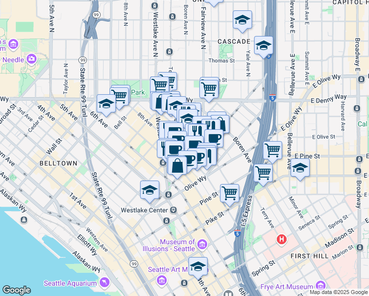 map of restaurants, bars, coffee shops, grocery stores, and more near 1961 9th Avenue in Seattle