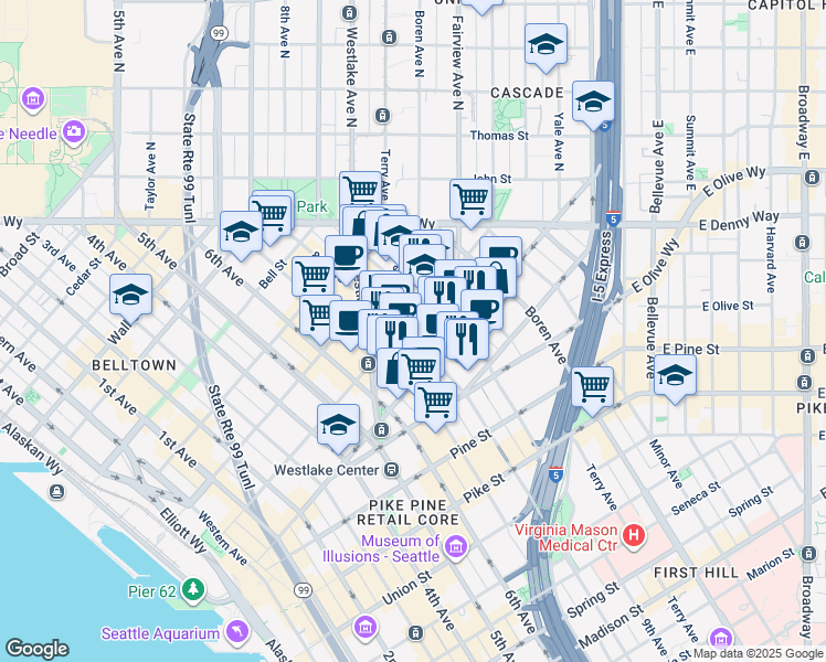 map of restaurants, bars, coffee shops, grocery stores, and more near 1961 9th Avenue in Seattle