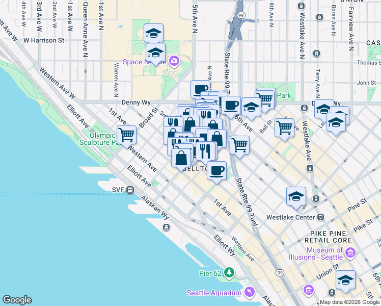 map of restaurants, bars, coffee shops, grocery stores, and more near in Seattle