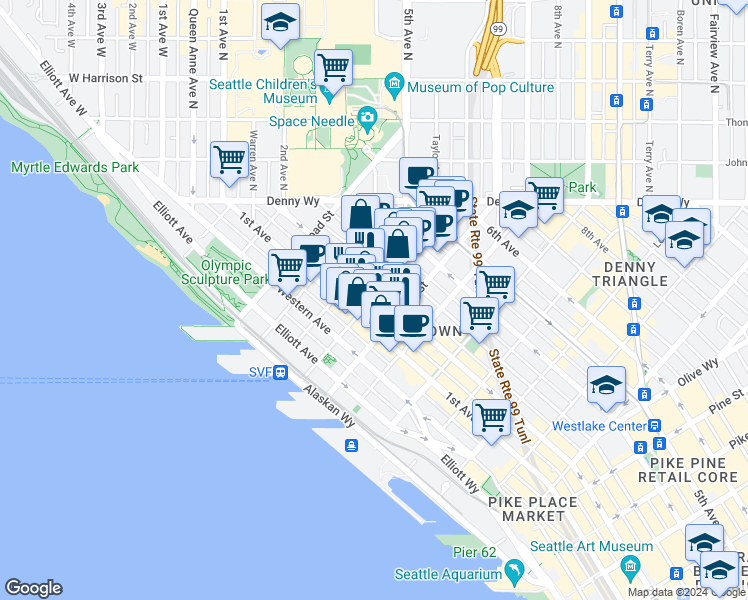 map of restaurants, bars, coffee shops, grocery stores, and more near 2601 2nd Avenue in Seattle