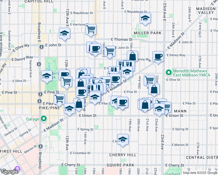map of restaurants, bars, coffee shops, grocery stores, and more near 1605 17th Avenue in Seattle