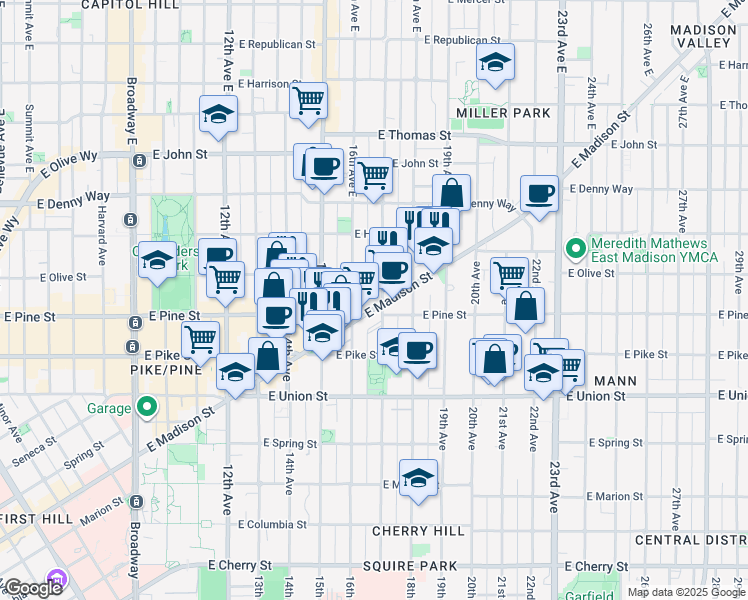 map of restaurants, bars, coffee shops, grocery stores, and more near 1605 17th Avenue in Seattle