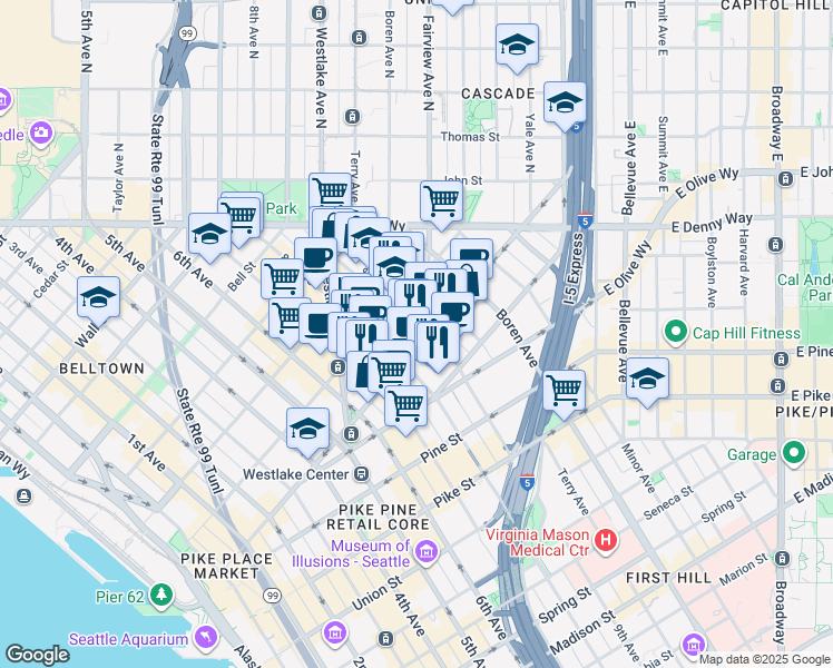 map of restaurants, bars, coffee shops, grocery stores, and more near 1961 9th Avenue in Seattle