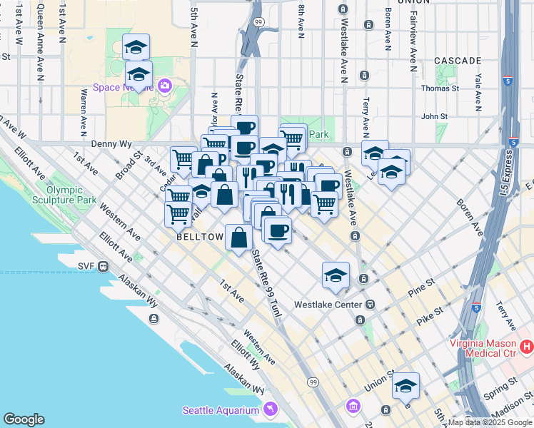 map of restaurants, bars, coffee shops, grocery stores, and more near 2323 6th Avenue in Seattle