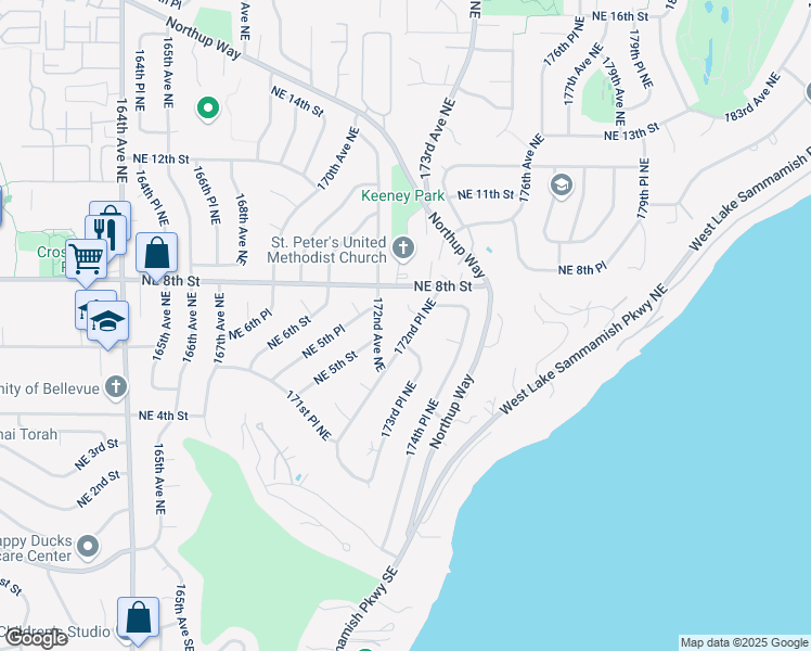 map of restaurants, bars, coffee shops, grocery stores, and more near 17217 Northeast 7th Place in Bellevue
