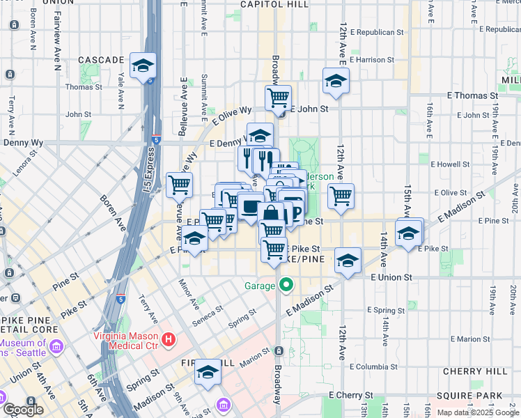 map of restaurants, bars, coffee shops, grocery stores, and more near 1625 Broadway in Seattle