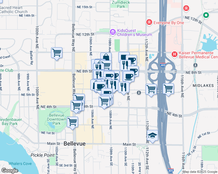map of restaurants, bars, coffee shops, grocery stores, and more near 601 108th Avenue Northeast in Bellevue
