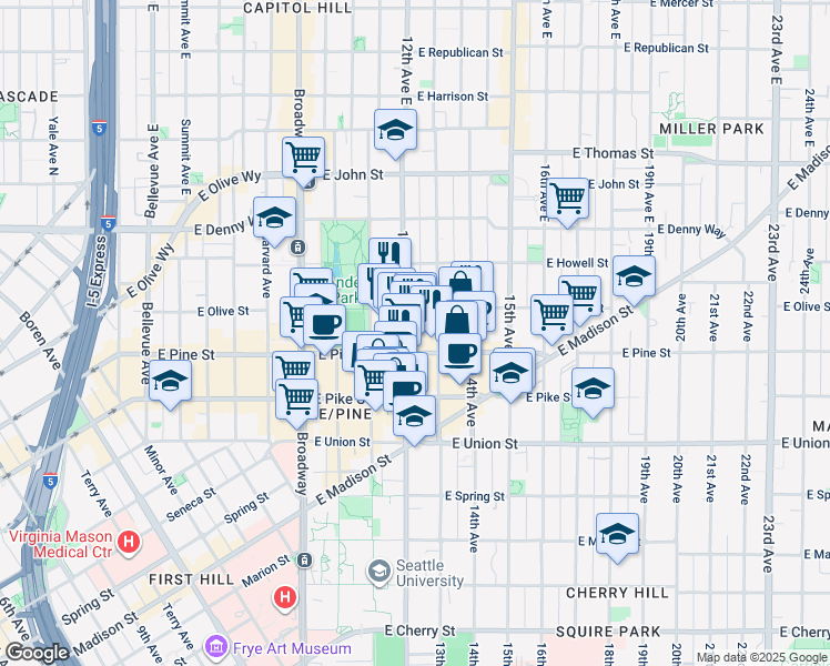map of restaurants, bars, coffee shops, grocery stores, and more near 1625 13th Avenue in Seattle