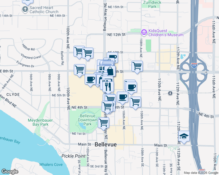 map of restaurants, bars, coffee shops, grocery stores, and more near 650 Bellevue Way Northeast in Bellevue