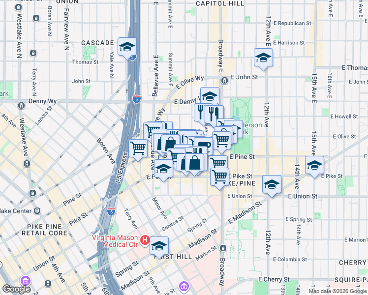 map of restaurants, bars, coffee shops, grocery stores, and more near 1620 Belmont Avenue in Seattle