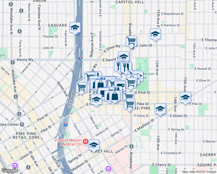 map of restaurants, bars, coffee shops, grocery stores, and more near 1617 Boylston Avenue in Seattle