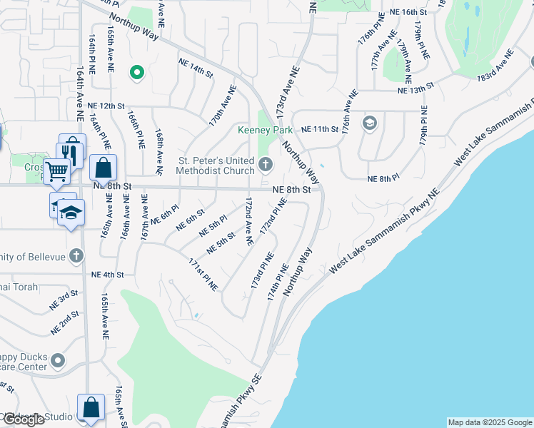 map of restaurants, bars, coffee shops, grocery stores, and more near 17217 Northeast 7th Place in Bellevue