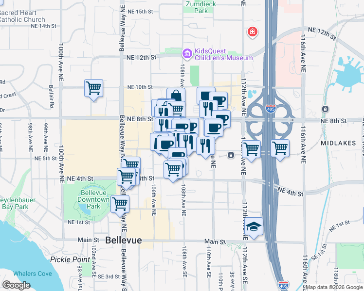 map of restaurants, bars, coffee shops, grocery stores, and more near 600 108th Avenue Northeast in Bellevue