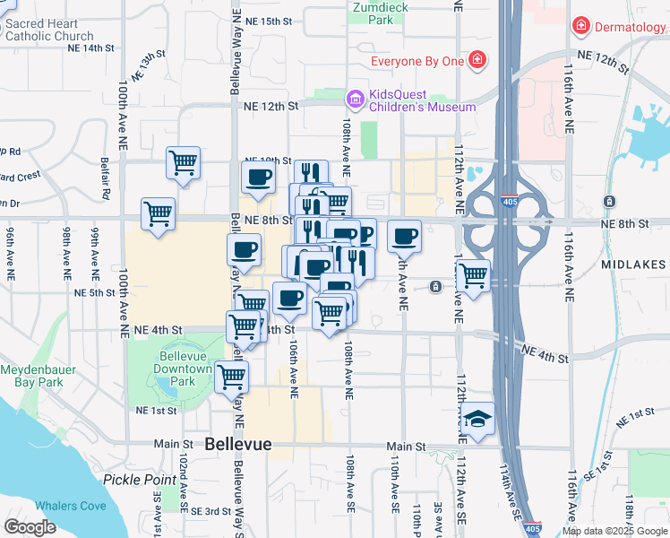 map of restaurants, bars, coffee shops, grocery stores, and more near 620 106th Avenue Northeast in Bellevue