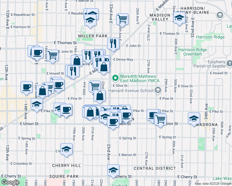 map of restaurants, bars, coffee shops, grocery stores, and more near 1624 23rd Avenue in Seattle