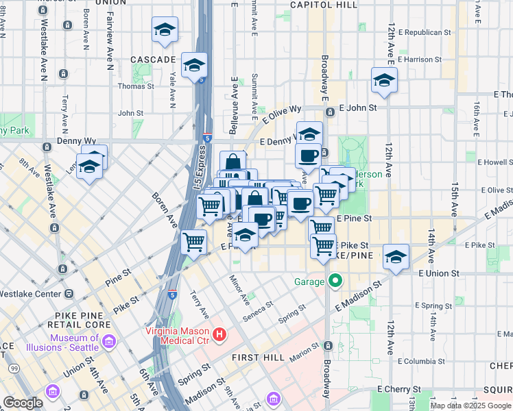 map of restaurants, bars, coffee shops, grocery stores, and more near 1627 Belmont Avenue in Seattle